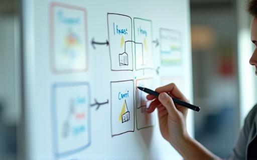 Person som ritar en strategi på en whiteboard med färgglada pennor, illustrerar planering.